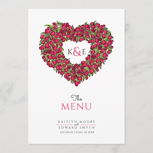 Roodtulpen hart met monogram bruiloft menu (Voorkant)