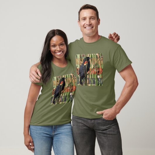 Roodvleugel T-shirt met zwarte vogel (Unisex)