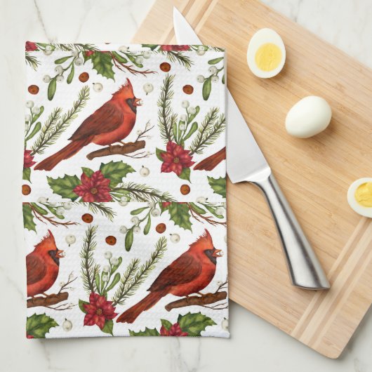 Roodvogel, holleblad, poinsettia, pijnboom theedoek (Quarter Fold)