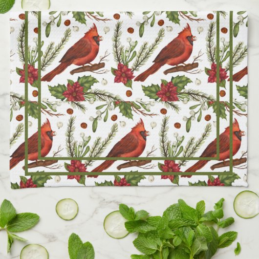 Roodvogel, holleblad, poinsettia, pijnboom theedoek (Gevouwen)