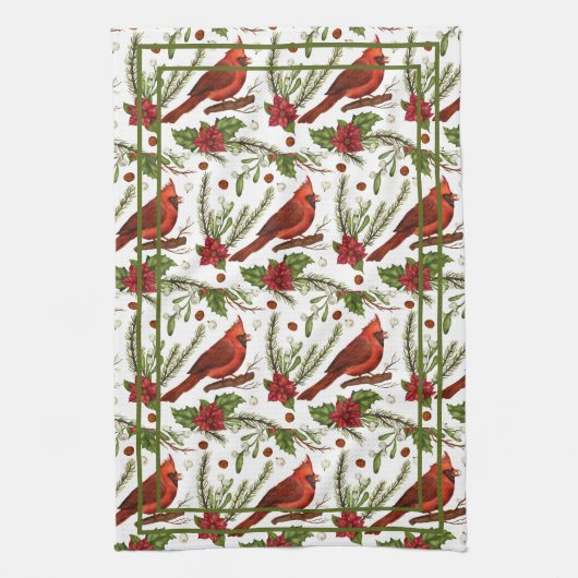 Roodvogel, holleblad, poinsettia, pijnboom theedoek (Verticaal)