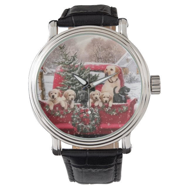 Roodwagen met kerstavond met Puppies honden Horloge (Voorkant)