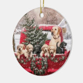 Roodwagen met kerstavond met Puppies honden Keramisch Ornament (Links)