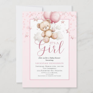 Roodwangige Roze Teddybeer Meisje Baby Shower Kaart