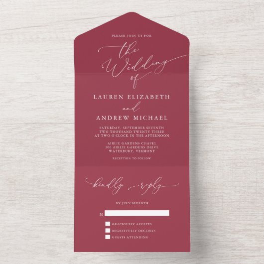 Roodwijn minimalistisch huwelijk all in one uitnodiging (Binnen)