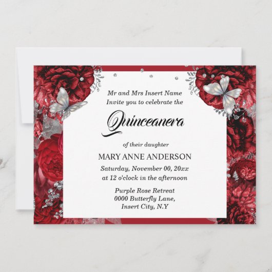 Roodzilvervlinder roos quinceanera kaart (Voorkant)