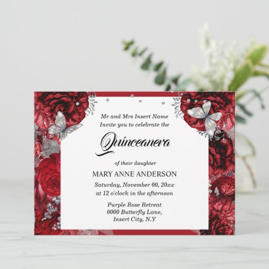 Roodzilvervlinder roos quinceanera kaart (Staand voorkant)