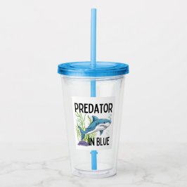 roofdier in het blauw, haai, cartoonstijl acryl drinkbeker