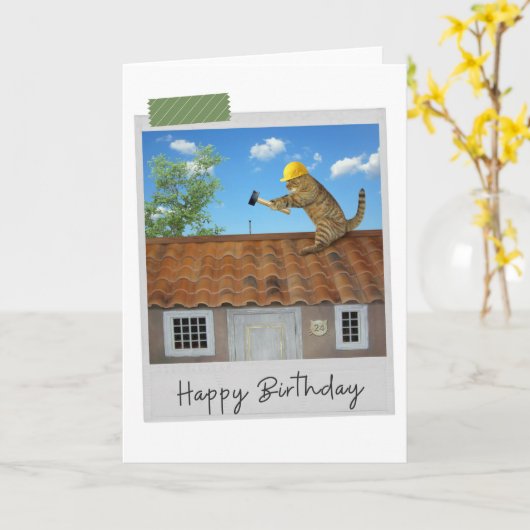 Roofer Cat Funny Birthday Card Kaart (Gele Bloem)