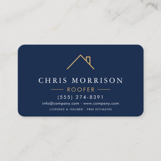 Roofer Navy Blue Gold QR Code Visitekaartje (Voorkant)