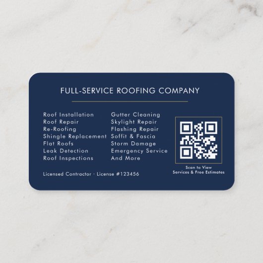 Roofer Navy Blue Gold QR Code Visitekaartje (Achterkant)