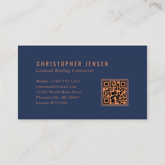 Roofer QR Code Roofing Business Navy Blue Copper Visitekaartje (Achterkant)