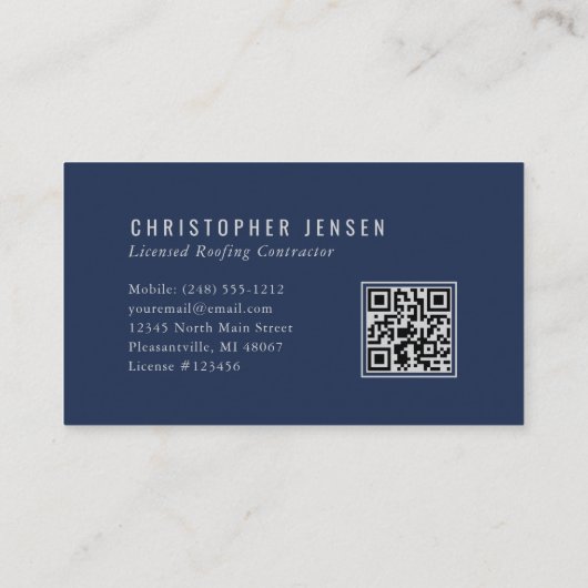 Roofer QR Code Roofing Business Navy Blue Silver Visitekaartje (Achterkant)