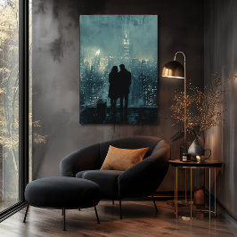 Rooftop City Romance - Charcoal Art Poster