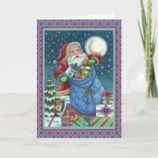 ROOFTOP SANTA BAG VAN TOYS, DOLLHOUSE, HOBBYHORSE FEESTDAGEN KAART (Voorkant)