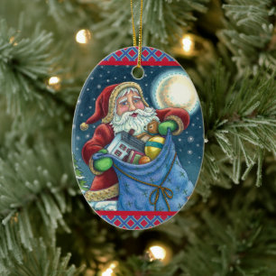 ROOFTOP SANTA BAG VAN TOYS, DOLLHOUSE, HOBBYHORSE KERAMISCH ORNAMENT