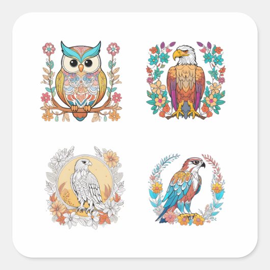 roofvogels Cartoon bloemmotief art 4 pack st Vierkante Sticker (Voorkant)