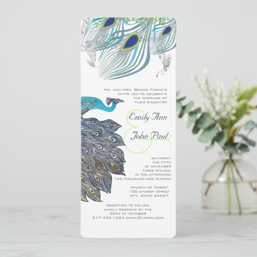 Rooien 20s Peacock Feathers Wedding Invitations Kaart (Staand voorkant)