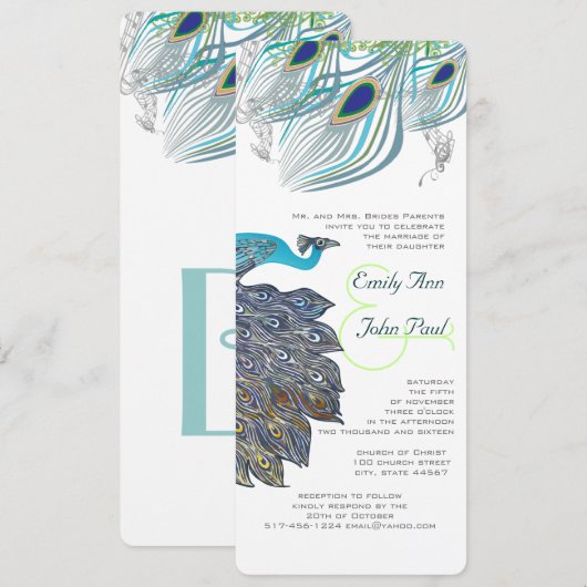 Rooien 20s Peacock Feathers Wedding Invitations Kaart (Voorkant / Achterkant)