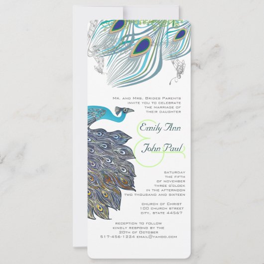 Rooien 20s Peacock Feathers Wedding Invitations Kaart (Voorkant)