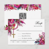 Rooimagenta rozenkrans katholieke trouwreactiekaar RSVP kaartje (Voorkant / Achterkant)