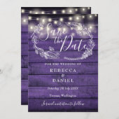 Rooise Paarse Houten Slingerlichtjes Bloemige Brui Save The Date (Voorkant / Achterkant)