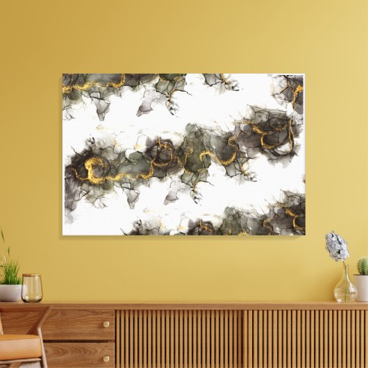 Rook in zwart grijs omhoog bewegend met gouden tin canvas afdruk (Insitu (Woonkamer))