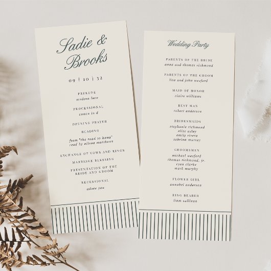 Rook Spruce Klassieke Script Pinstripe Bruiloft Programmakaart