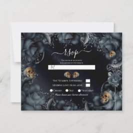 Rookgrijze Blauwe Rozen & Schedels Huwelijks RSVP Kaart