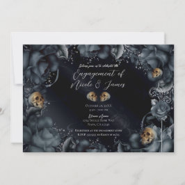 Rookgrijze Blauwe Rozen & Schedels Verloving Feest Kaart