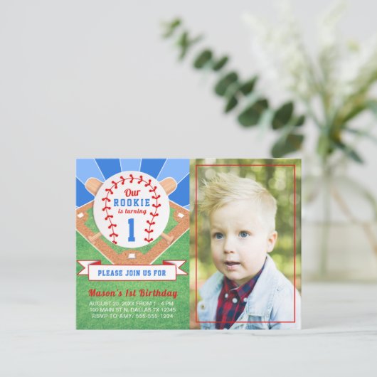 Rookie Baseball 1e verjaardag Fotouitnodiging Briefkaart (Staand voorkant)