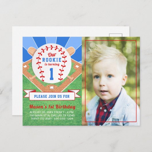 Rookie Baseball 1e verjaardag Fotouitnodiging Briefkaart (Voorkant / Achterkant)