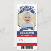 Rookie Baseball Ticket Red Blue Boy 1e verjaardag (Voorkant)