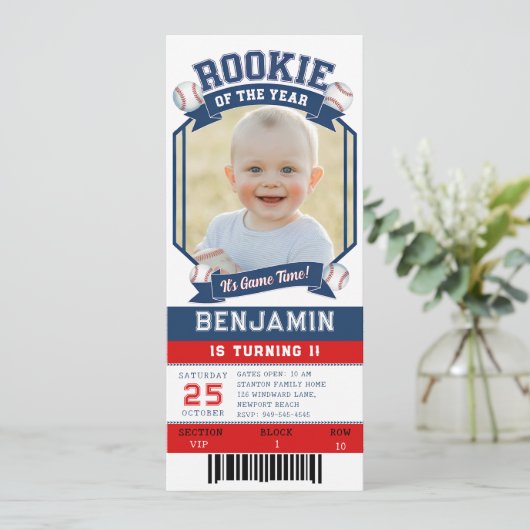 Rookie Baseball Ticket Red Blue Boy 1e verjaardag Kaart (Staand voorkant)