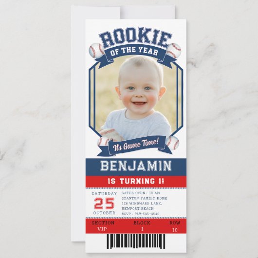 Rookie Baseball Ticket Red Blue Boy 1e verjaardag Kaart (Voorkant)