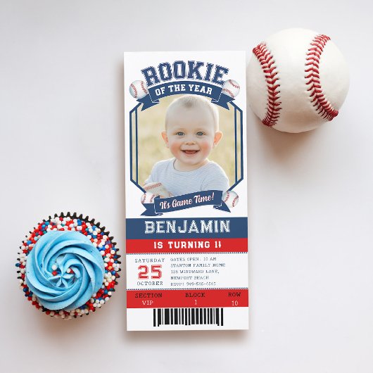 Rookie Baseball Ticket Red Blue Boy 1e verjaardag Kaart