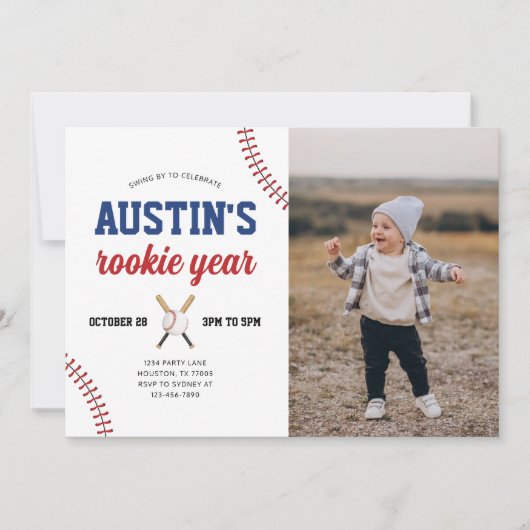 Rookie Jaar Honkbal 1e Verjaardag Foto Uitnodiging (Voorkant)