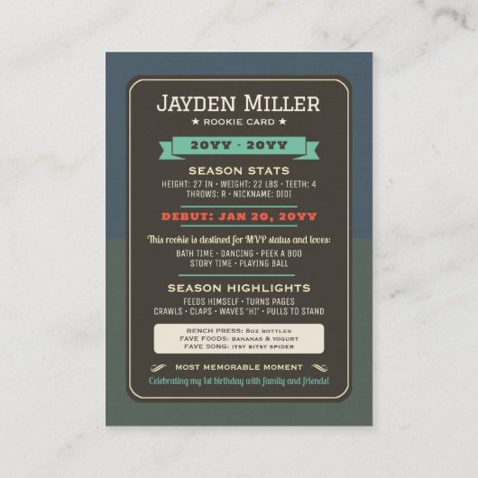 Rookie Jaar Honkbal 1e Verjaardag Trading Kaart Contactkaartje (Achterkant)