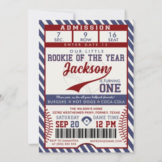 Rookie of the Year 1st Birthday Baseball Ticket Kaart (Voorkant)