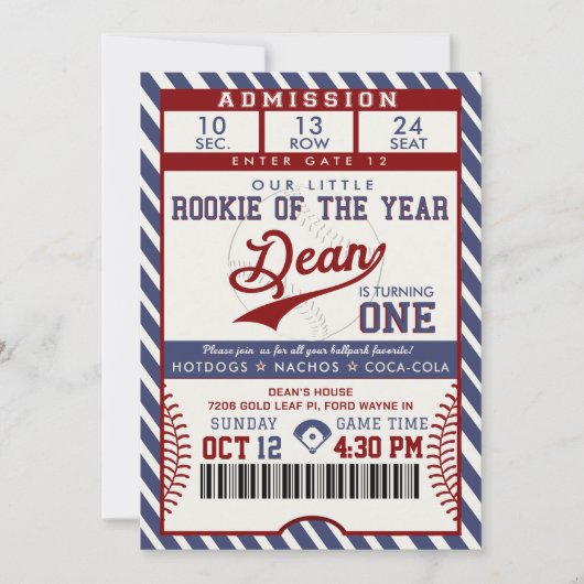Rookie of the Year Birthday Baseball Ticket Kaart (Voorkant)