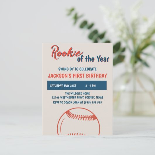 Rookie van het Jaar 1e Honkbal Verjaardagsfeest Briefkaart (Staand voorkant)