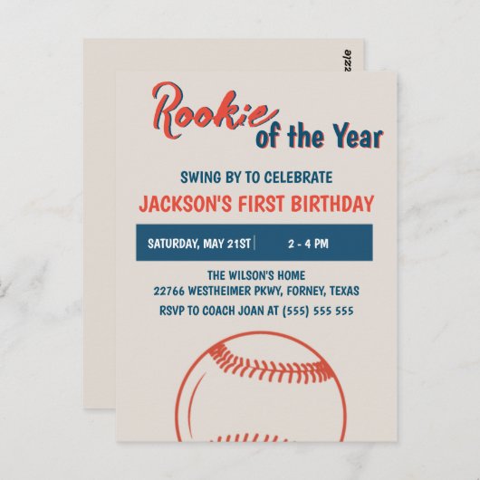 Rookie van het Jaar 1e Honkbal Verjaardagsfeest Briefkaart (Voorkant / Achterkant)