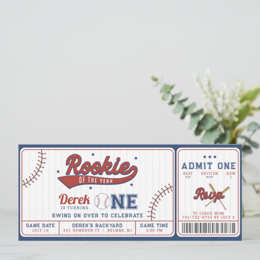 Rookie van het Jaar 1e Verjaardag Ticket Uitnodigi Kaart (Staand voorkant)