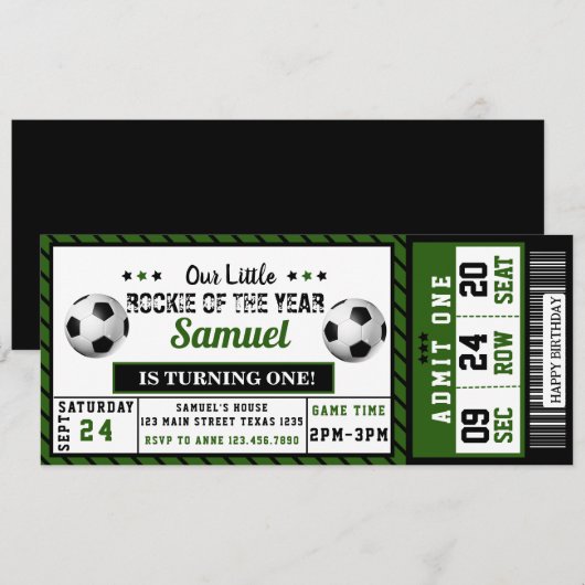 Rookie van het Jaar 1e Verjaardag Voetbal Ticket Kaart (Voorkant / Achterkant)