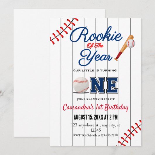 Rookie van het Jaar 1e Verjaardagsfeestuitnodiging Kaart (Voorkant / Achterkant)