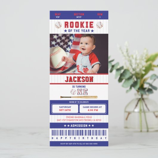 Rookie van het Jaar Baseball 1e verjaardag Ticket Kaart (Staand voorkant)
