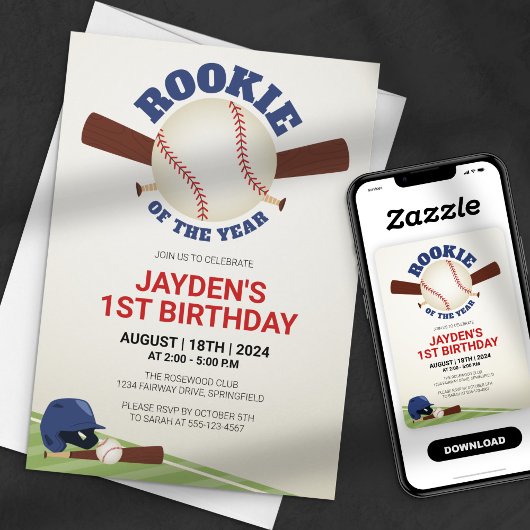 Rookie van het Jaar Baseball Red Blue Birthday Kaart