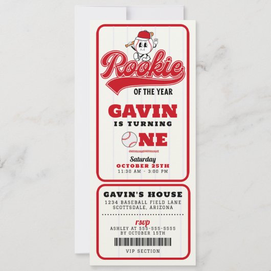 Rookie van het Jaar Baseball Ticket 1e verjaardag Kaart (Voorkant)