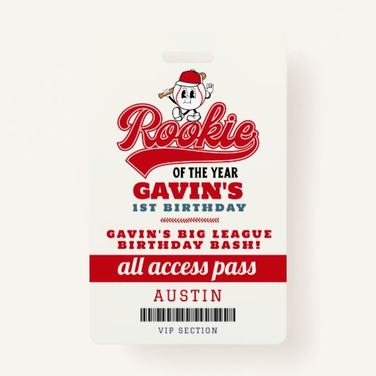 Rookie van het Jaar Baseball Verjaardag Party Favo Badge (Voorkant)