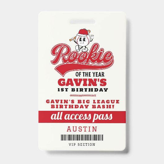 Rookie van het Jaar Baseball Verjaardag Party Favo Badge (Voorzijde)